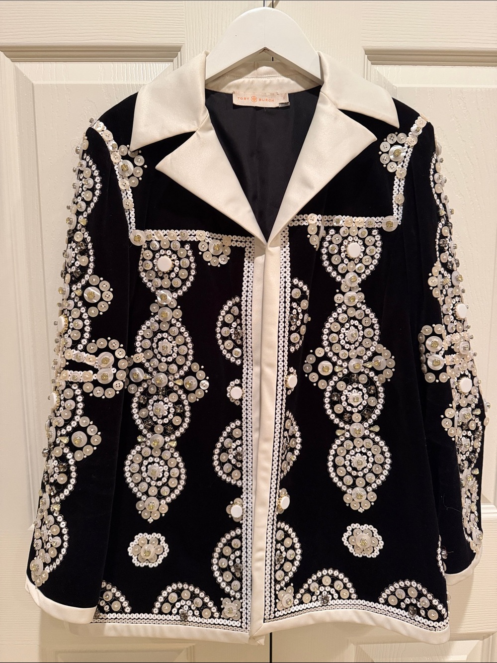 Tory Burch Black Velvet Jacket with Ivory Trim and Embellishment